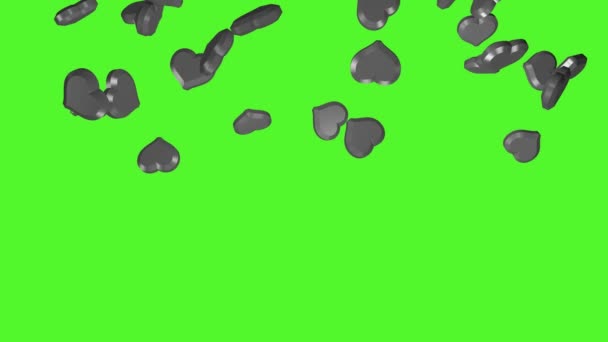クロマキーの背景に大きな黒い心の下落 3Dアニメーション バレンタインデーや結婚式のためのビデオ効果 緑の画面だ 心の雨 — ストック動画