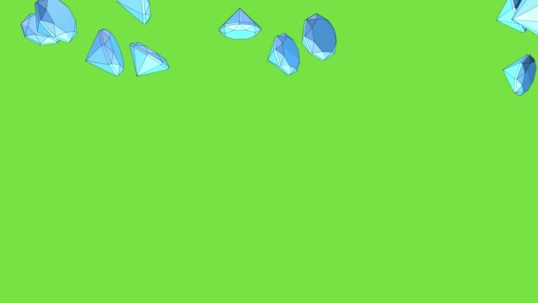 Синие Рубины Падают Зеленый Фон Анимация Мультфильм Фон Дождь Камней — стоковое видео