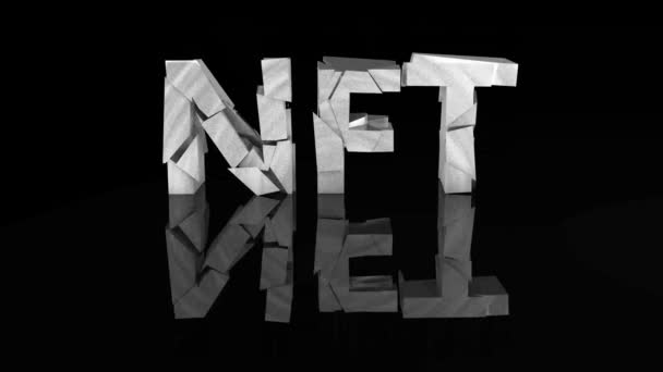 Silver Letters Nft Destroyed Stones Black Background Reflection Crypto Art — Stock Video