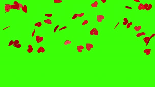 Падіння Червоних Зламаних Сердець Зеленому Тлі Екрана Тривимірна Анімація Рендеринга — стокове відео