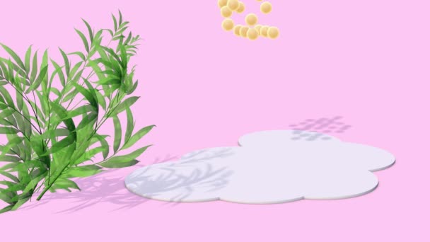 时尚的背景 粉红的背景 绿色的植物 白色的讲台 黄色的圆形陨石落在上面 3D动画 — 图库视频影像