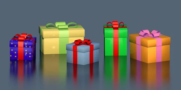 Colorful gift boxes on a dark blue background. Christmas, holidays and gift drawing concept. 3D render.