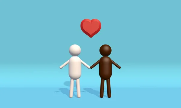 Soyut ırklar arası LGBT çifti. LGBT ilişkileri ve aile kavramı. Aşkın sembolü, hoşgörü. 3B görüntüleme