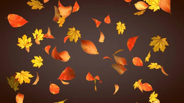 Autumn leaves are falling on a brown background. 3D render of leaf fall. Autumn concept. Changing seasons.