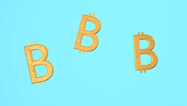 3 gold bitcoins on a blue background. 3D render. Cryptocurrency and investment concept.