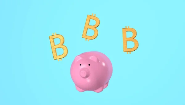Piggy bank and three bitcoins. 3D render. Accumulation and investment concept, crypto currency.
