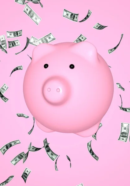 3D pink pig-piggy bank on the background of falling dollar bills. 3D render. The concept of finance, investment, savings.