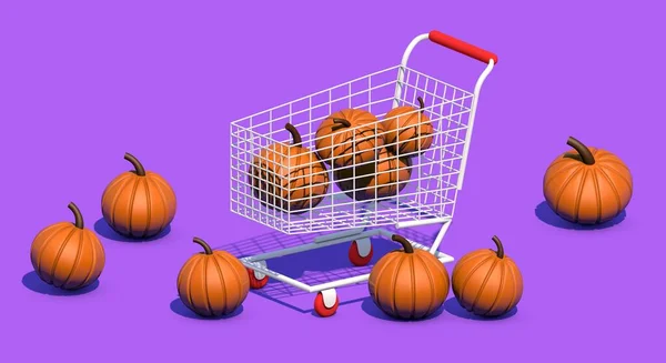 Weißer Einkaufswagen Mit Kürbissen Halloween Auf Lila Hintergrund Rendering Halloween — Stockfoto
