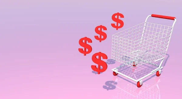 White Shopping Cart and dollars signs on a pink background, with place for text. oncept for online shopping. 3D rendering.  Business and finance, buying shares on the stock exchange.