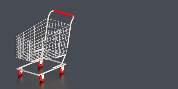 White shopping trolley on a dark background, with place for text. Online shopping concept. 3D rendering. Business and finance.