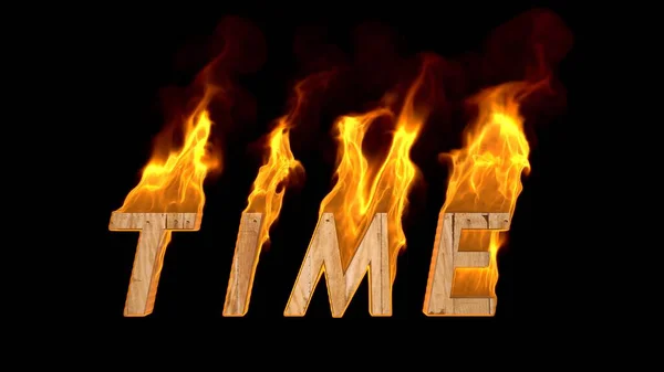 The word time is on fire. 3D render. Psychology and philosophy concept. Original poster with fire burning wooden letters. 
