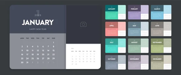 创意最小业务月2023日历模板向量 印刷用的挂历 数字日历或计划器 周从星期一开始 简单的现代日历布局设计元素 — 图库矢量图片