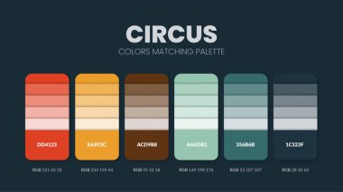 Sirk renk tema koleksiyonlarında renk paleti. Renk ilhamı ya da kod şablonlu renk çizelgesi. RGB 'nin renk kombinasyonu. Grafik tasarımı, sanat, moda veya web tasarımı için renk örnekleri.