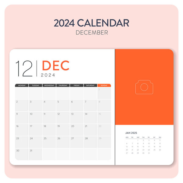 Creative minimal business monthly 2024 Calendar template vector. Desk, wall calendar for print, digital calendar or planner. Week start on Monday. Annual calendar layout design elements. December.