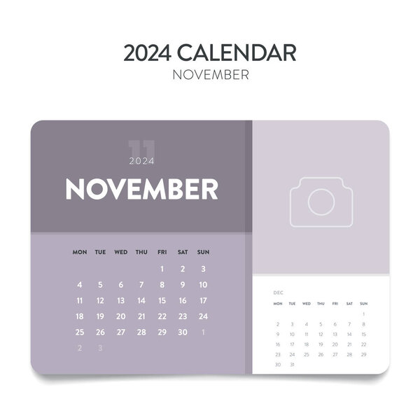Creative minimal business monthly 2024 Calendar template vector. Desk, wall calendar for print, digital calendar or planner. Week start on Monday. Annual calendar layout design elements. November.