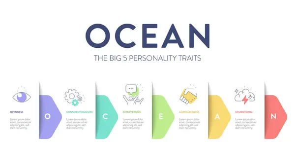 stock vector OCEAN, Big Five Personality Traits infographic has 4 types of personality, Agreeableness, Openness to experience, Neuroticism, Conscientiousness and Extraversion. Personality type acronym presentation