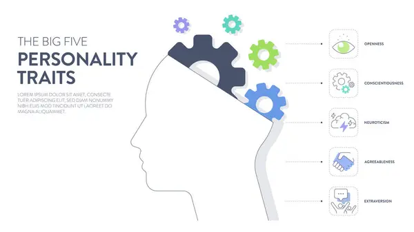 stock vector Big Five Personality Traits or OCEAN infographic has 4 types of personality, Agreeableness, Openness to Experience, Neuroticism, Conscientiousness and Extraversion. Mental health presentation vector.