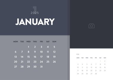 Aylık yaratıcı minimum iş 2025 takvim şablonu vektörü. Masa, duvar takvimi, dijital takvim ya da planlayıcı. Hafta pazartesi başlıyor. Yıllık takvim tasarım unsurları. Ocak.