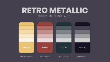 Retro Metalik renk tema koleksiyonlarında renk paleti rehberi. Kod şablonlu renk ilhamı veya grafik. Renk kombinasyonu RGB. Grafik tasarımı, sanat, moda veya web için renk örnekleri. Vektör.