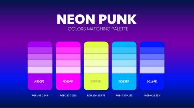 Neon Punk renk tema koleksiyonlarında renk paleti rehberi. Kod şablonlu renk ilhamı veya grafik. Renk kombinasyonu RGB. Grafik tasarımı, sanat, moda, web veya resim için renk örnekleri.