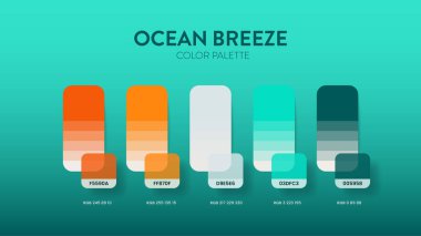 Color palette guide in Ocean breeze colour theme collections. Color inspiration or chart with codes template. Color combination RGB. Colors swatches for graphic design, art, fashion, web or painting. clipart