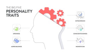 Büyük Beş Kişilik Özellikleri veya OCEAN bilgisinin 4 tip kişiliği, Mutabakat, Tecrübe Açıklığı, Nörotizm, Vicdanlılık ve İhracat 'ı vardır. Ruh sağlığı sunum vektörü.