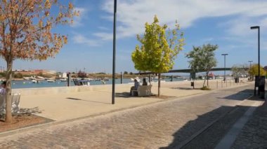 4K videosunda, bir meydanda bir ağacın altında oturan, nehre bakan, sıcak güneşten uzak bir yer arayan iki kişi var..