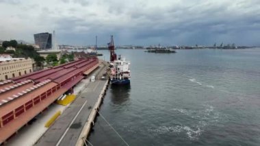 Canlı bir liman sahnesi. Uzakta bir yolcu gemisi görünüyor.. 