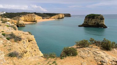 Yeşil suyu olan uzak bir adanın manzaralı bir görüntüsü.