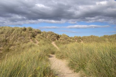 Traeth Llydan Sahili, Rhosneigr, Anglesey, Galler, Birleşik Krallık 'a uzanan kum tepelerinden geçen patika.