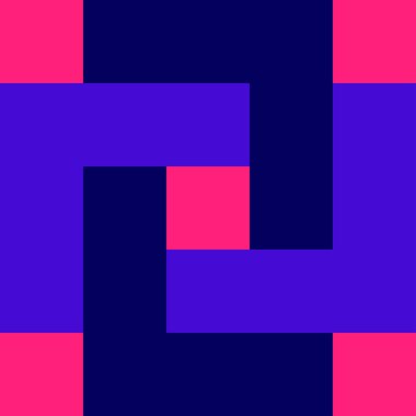 Parlak pembe arkaplanda neon mavi ve mor iç içe geçmiş dikdörtgenler.