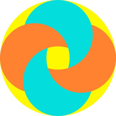 Sarı zemin üzerinde neon turuncu ve turkuaz iç içe geçen daireler.