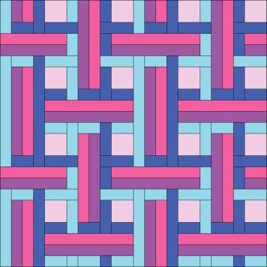 Aida kumaşının soyut deseni neon mor, pembe, asil ve su mavisi dikdörtgenler ve karelerden yaratılmış. 