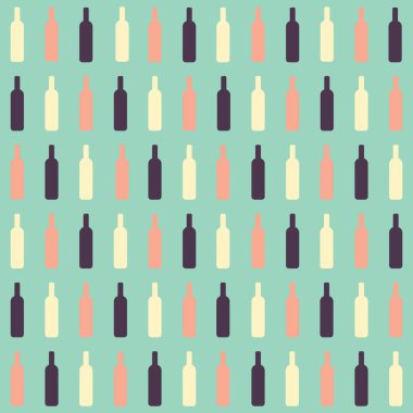 Nane yeşili bir zemin üzerinde koyu kırmızı, gül ve beyaz şarap şişelerinden yaratılan desen