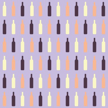 Lavanta arkaplanda koyu kırmızı, gül ve beyaz şarap şişelerinden yaratılan desen