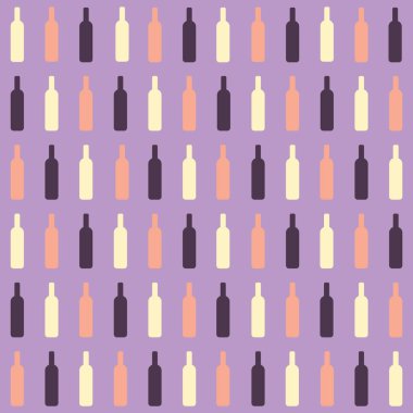 Mor zemin üzerinde koyu kırmızı, gül ve beyaz şarap şişelerinden yaratılan desen