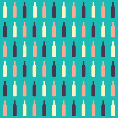 Koyu kırmızı, gül ve beyaz şarap şişelerinden turkuaz bir zemin oluşturuldu.