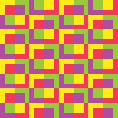 Parlak sarı, yeşil, kırmızı ve mor karelerden oluşan desen 