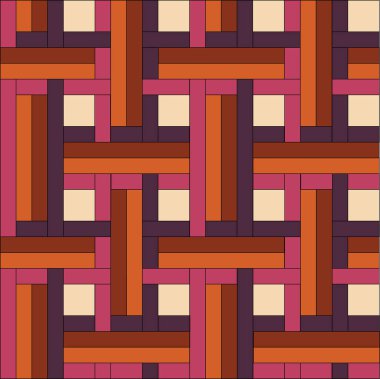 Aida kumaşının soyut deseni pembe, turuncu, kahverengi ve mor dikdörtgenler ve karelerden yaratılmış. 