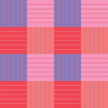 Mor, pembe, mercan ve kırmızı çizgilerden oluşan desen mor, pembe, mercan ve kırmızı kareler üzerinde 