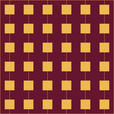 İnce altın iplikler üzerinde asılı küçük altın kare süslemeler, koyu kırmızı bir zemin üzerinde