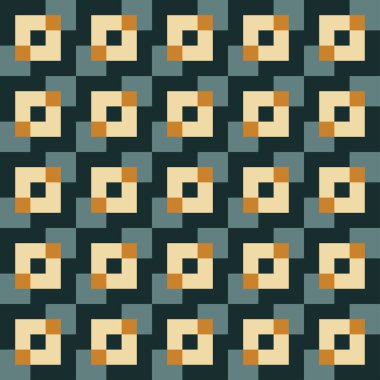 Krema, altın, gri-yeşil ve koyu yeşil karelerden oluşturulan Retro desen 