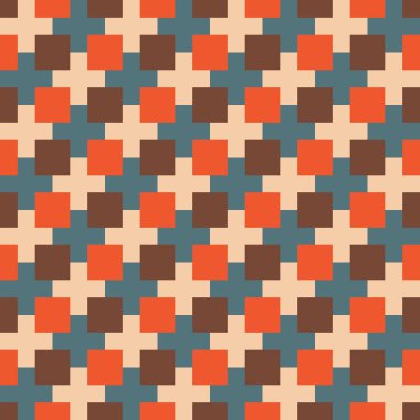 Daha büyük krem ve mavi-gri kareler halinde küçük turuncu ve kahverengi karelerden oluşan desen 