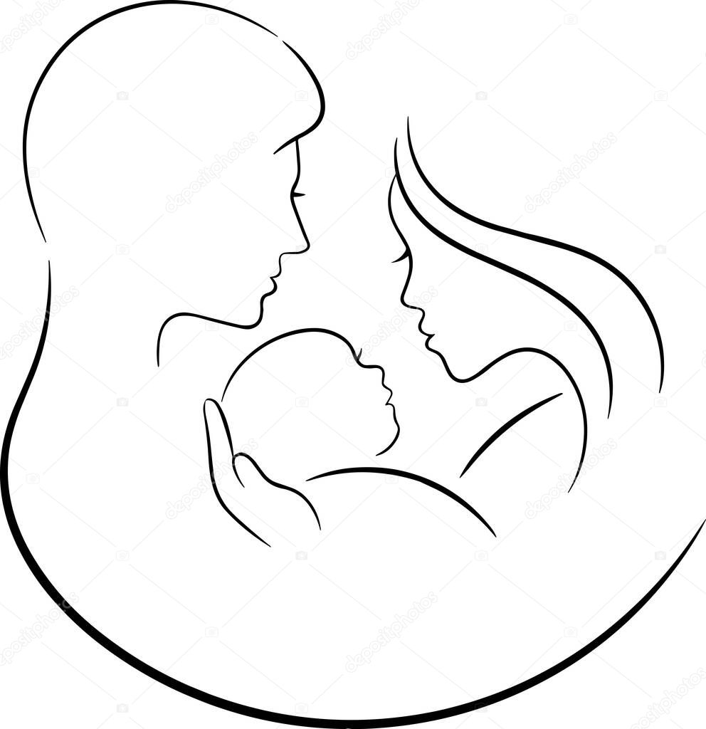 Vector schematic image - a family with a child (dad, mom and baby). Vector illustration (sketch) in the form of one line without background. The emotion of family warmth and love