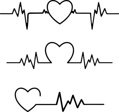 Vektör ayarlandı. Üç kalp kardiyogramı. Şeffaf bir arkaplanda doğrusal çizim.