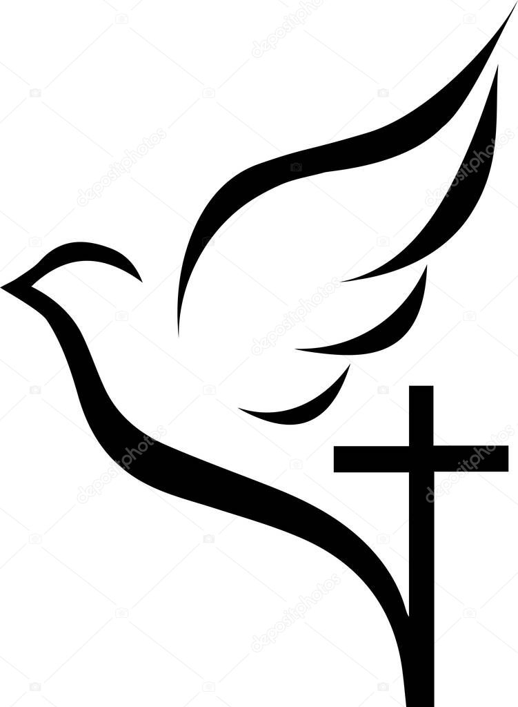 The dove of peace with a cross. A symbol of divine love, peace, forgiveness, and tranquility. Vector linear art on a transparent background.