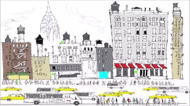 New York binaları, yayalar ve araç trafiğini gösteren video animasyonu. 