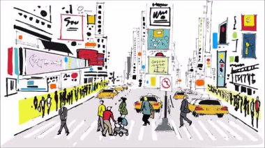 Times Meydanı New York 'ta yol geçen yayaların trafik, tabela ve binaları gösteren animasyon video karikatürü.. 
