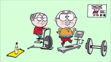 Spor salonunda çalışan yaşlı bir adam ve kadının karikatür videosu.. 