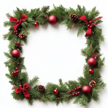 Festive holiday wreath adorned with red ornaments and pine cones. clipart